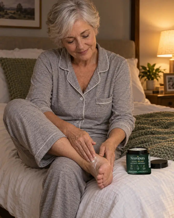 A woman rubbing Total Relief into her feet on the bed