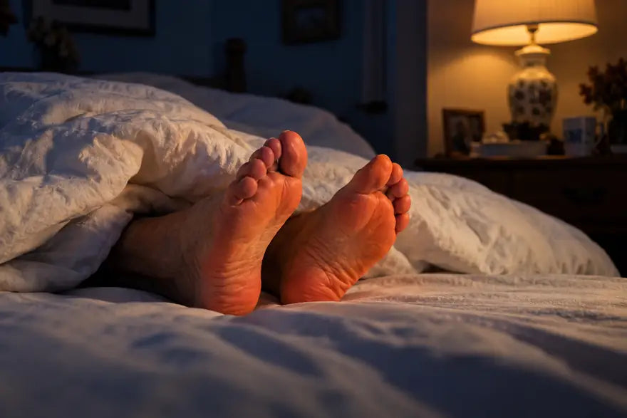 Feet on a bed at night, glowing where they burn