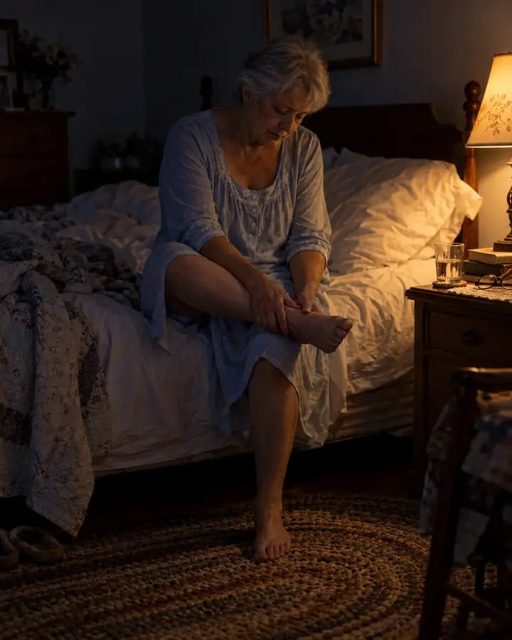 A woman sitting on the edge of her bed at night