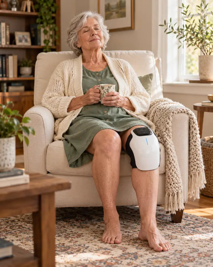 A woman with a cup of tea in her armchair, the knee massager on her knee