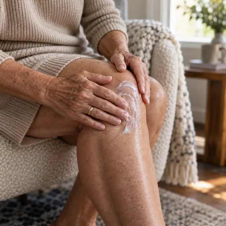 Hands rubbing cream into a knee