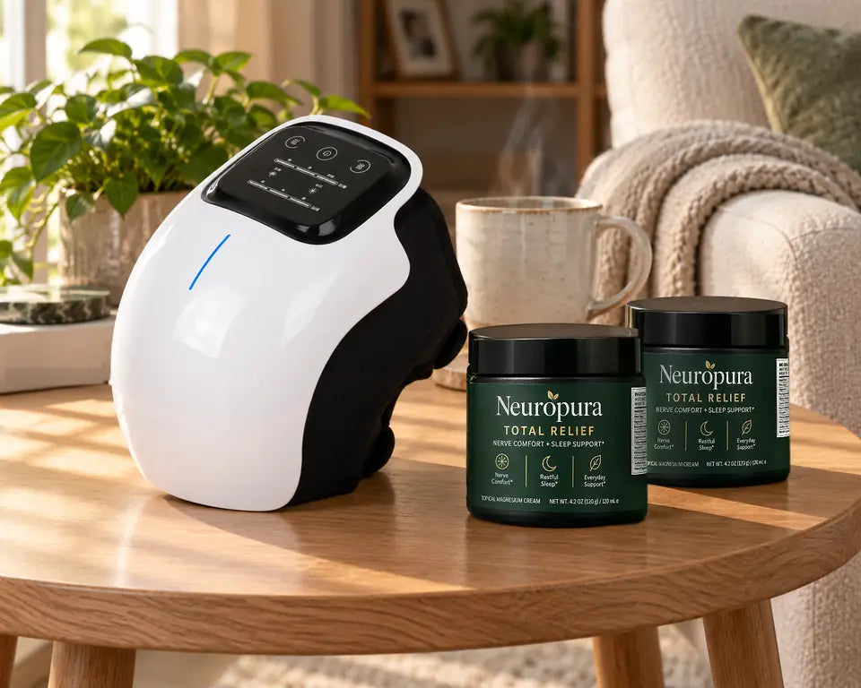 The Neuropura Knee Kit: the knee massager and two jars of Total Relief Cream