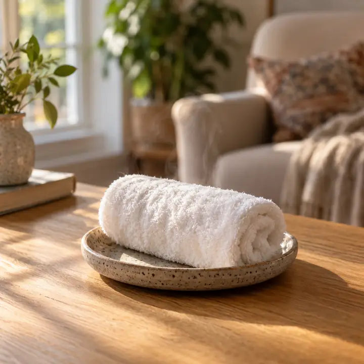 A rolled hot towel on a stoneware dish