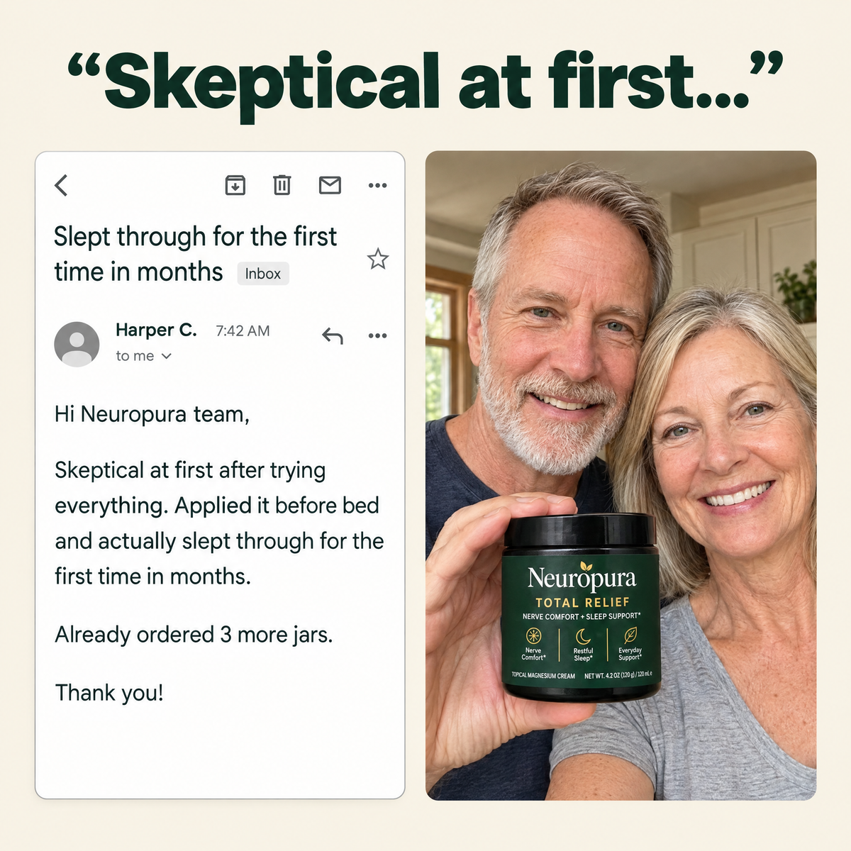 Neuropura customer email: slept through for the first time in months