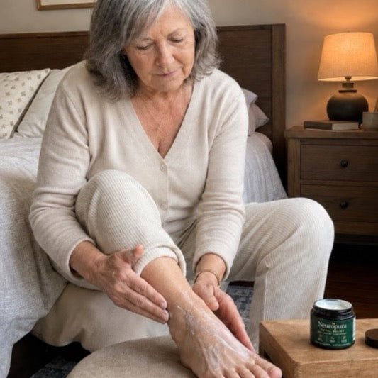 Maria sitting on the edge of her bed, applying Neuropura to her foot