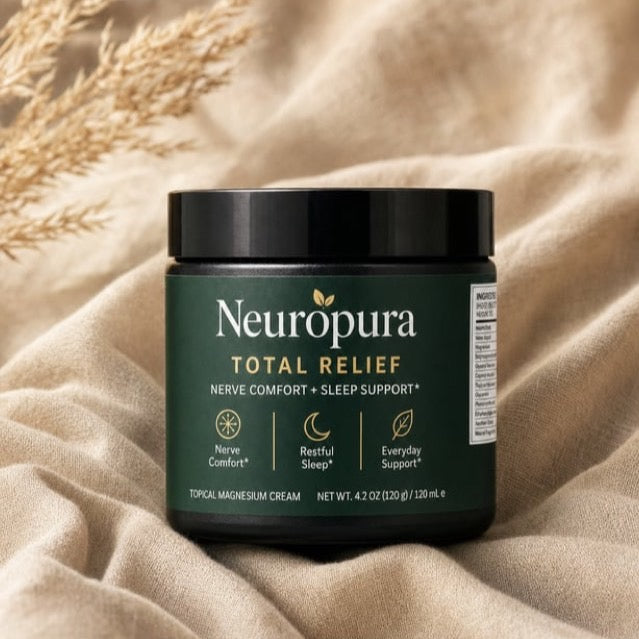Neuropura Total Relief jar resting on linen
