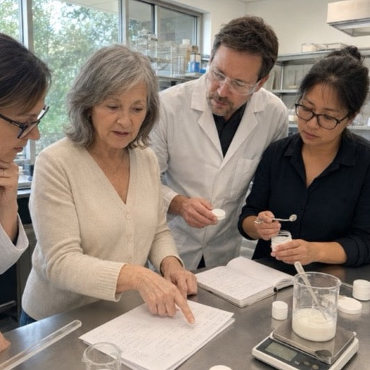 Maria reviewing formula notes with a team of formulators