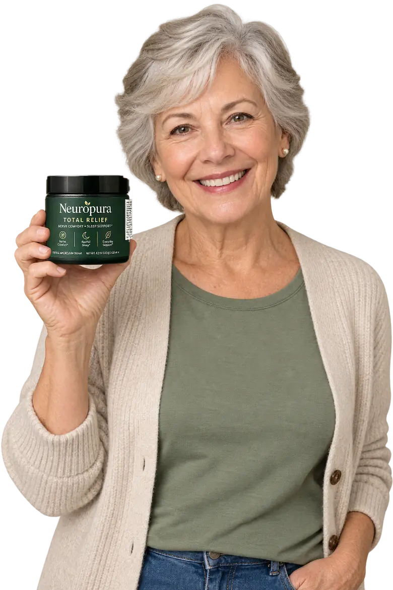 Smiling woman holding a jar of Neuropura Total Relief