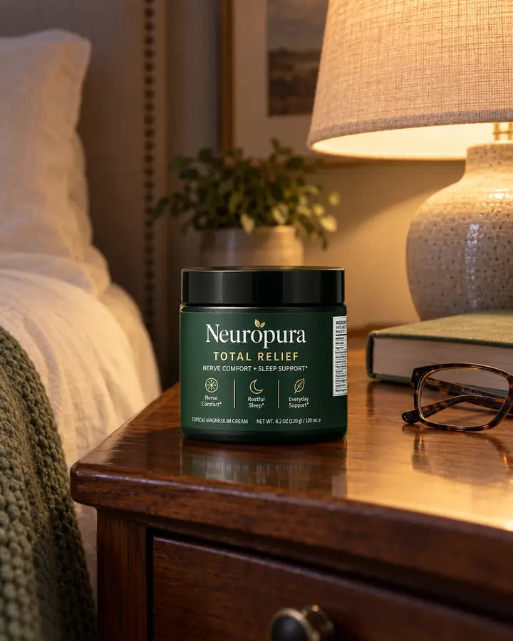 A jar of Total Relief on a nightstand under a lamp