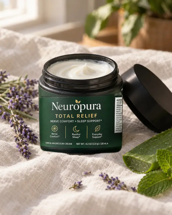An open jar of Total Relief with lavender and aloe