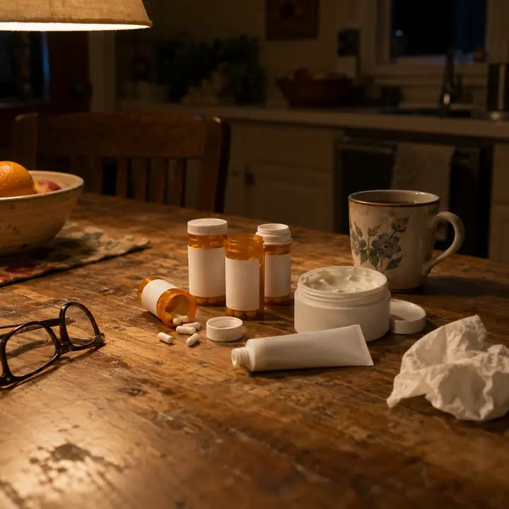 Pill bottles, a cream tube and a cup of tea on a table