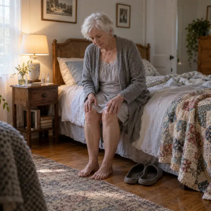 A woman sitting on the edge of her bed in the morning, hands on her knees