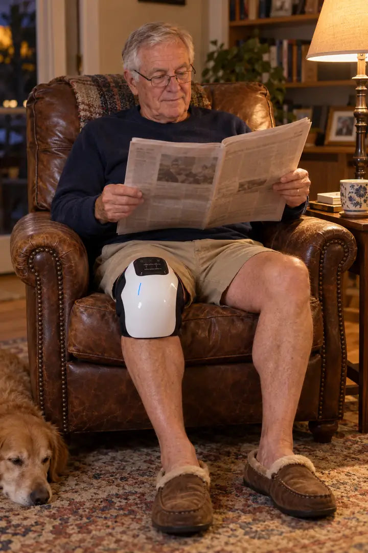 A man reading the paper in his armchair with the knee massager on his knee