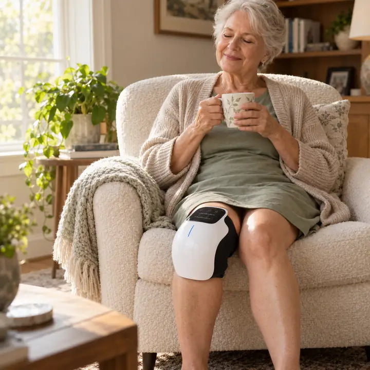 A woman in her armchair with the knee massager on her knee