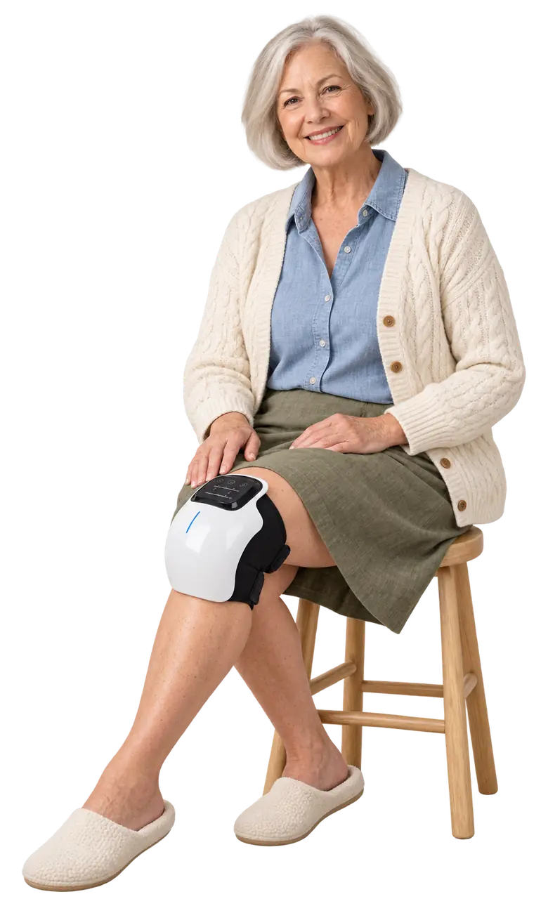 Smiling woman on a wooden stool wearing the white Neuropura Knee Massager on her knee