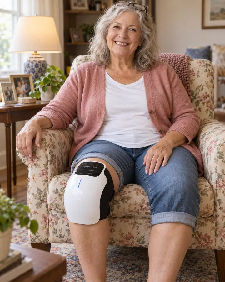 A smiling woman in her armchair wearing the knee massager