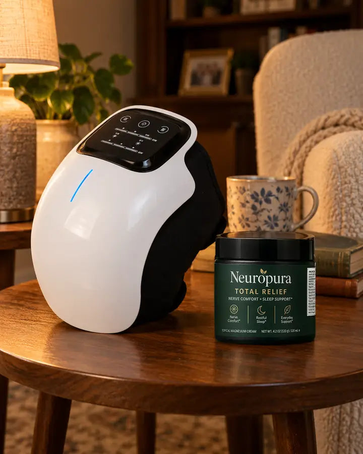 The knee massager and a jar of Total Relief Cream on a side table