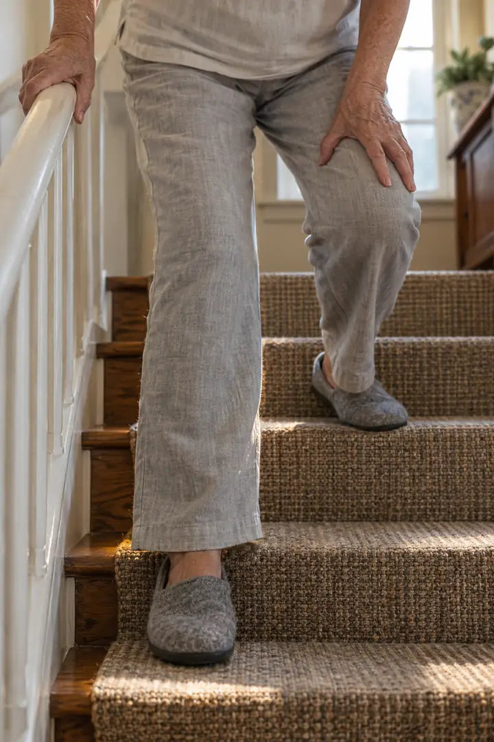 Legs in slippers on a wooden staircase, one hand on the banister