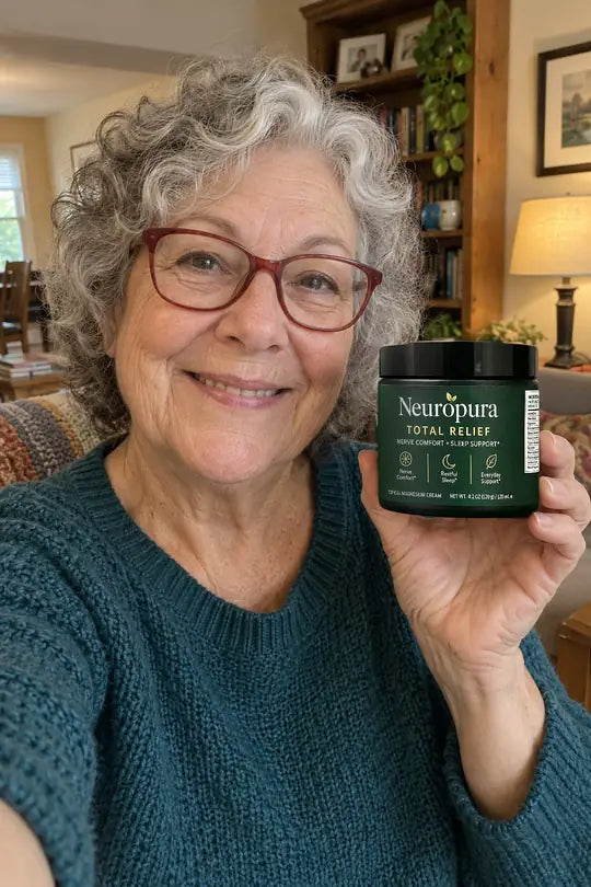 A customer holding her jar of Total Relief at home