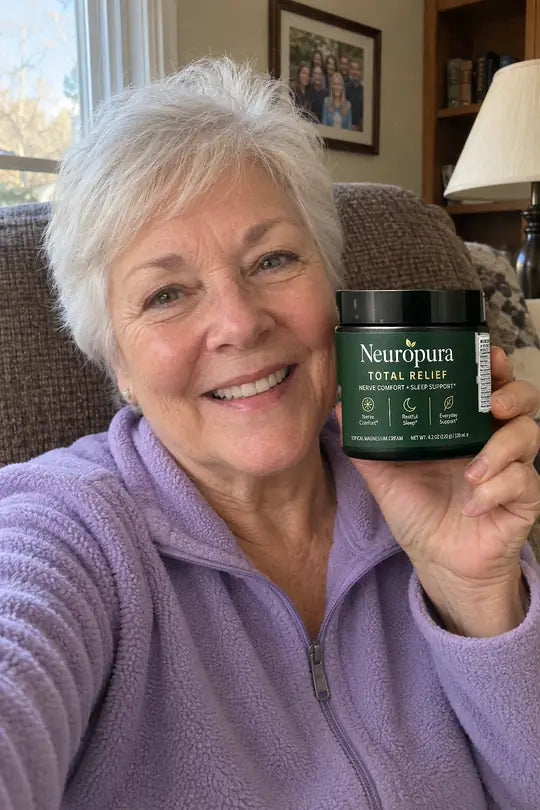 A customer holding her jar of Total Relief